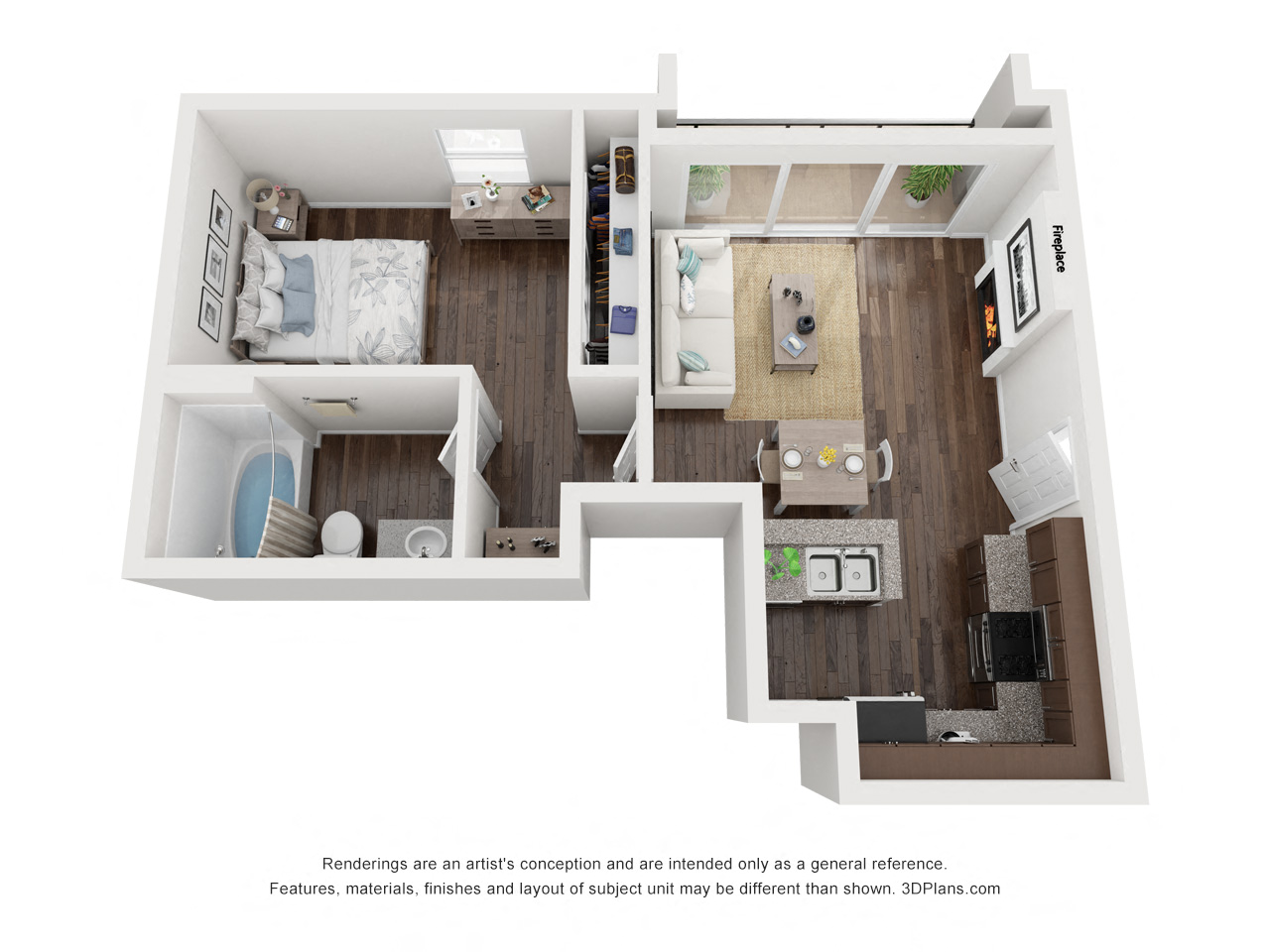Floor plan for 1 bed, 1 bath, 635 sqft